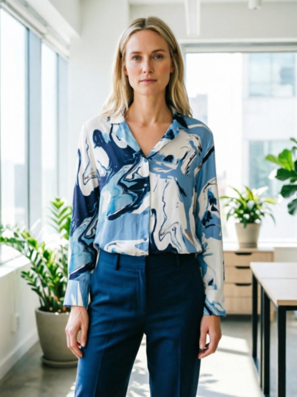 Lilysilk Abstract Blue Marble Swirl Print Silk Button-Down Blouse